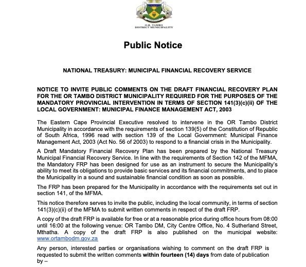 NOTICE TO INVITE PUBLIC COMMENTS ON THE DRAFT FINANCIAL RECOVERY PLAN FOR THE OR TAMBO DISTRICT MUNICIPALITY